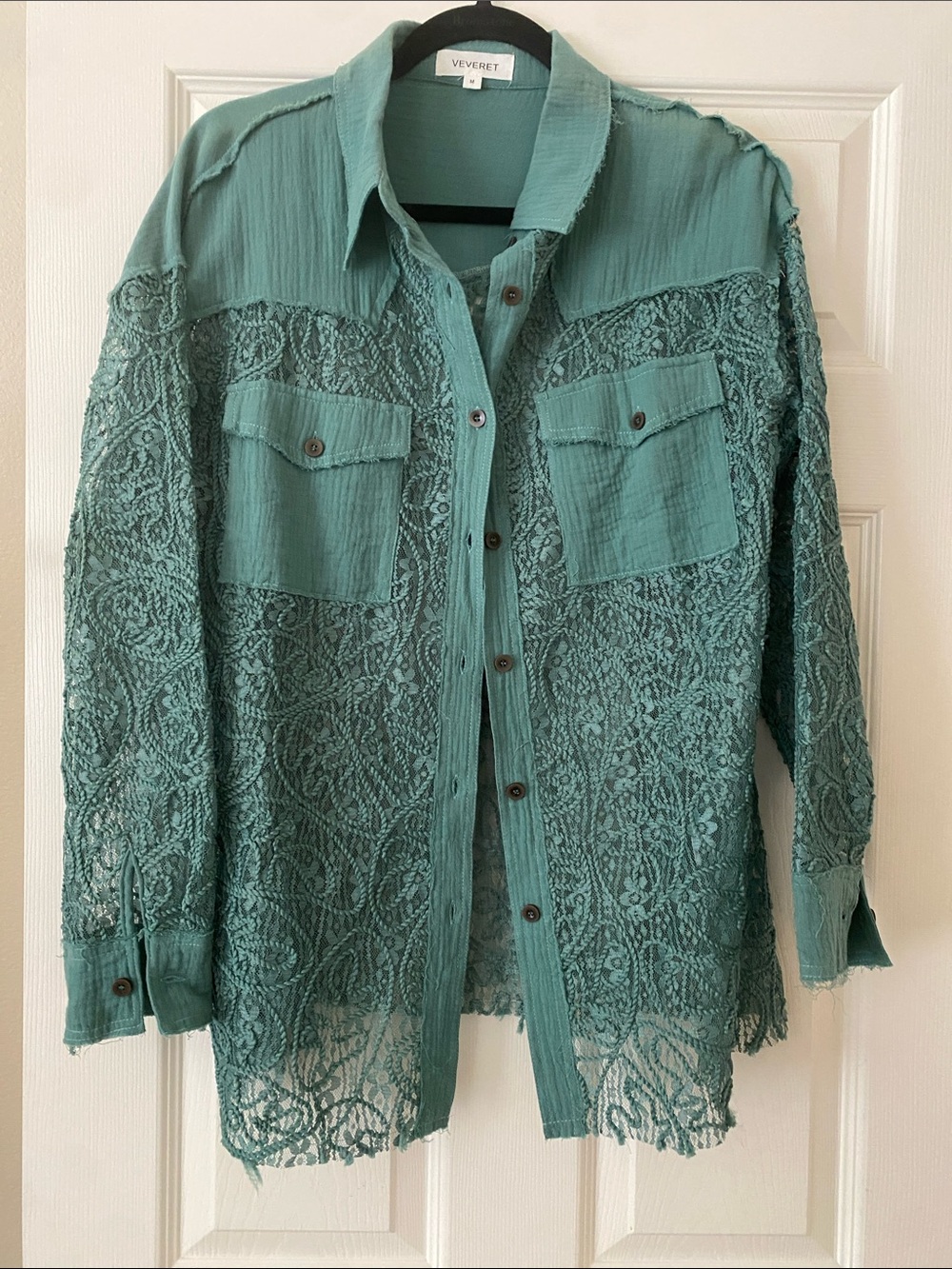 Veveret Teal Lace Button-Up Shirt Jacket